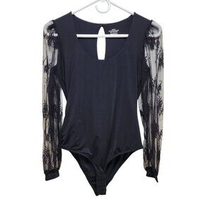 Black Lace Sleeve Bodysuit With Mesh Details & Snap Closure Size S